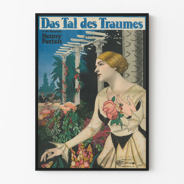Vintage poster of Das Tal des Traumes with a feminine portrait and a flowering garden
