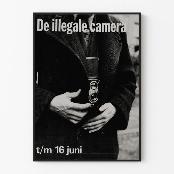 Vintage poster of the illegal camera in black and white