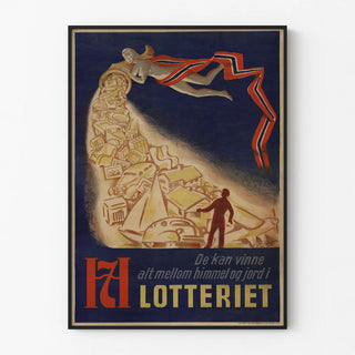 Vintage Norwegian lottery poster - Who can win everything between heaven and earth