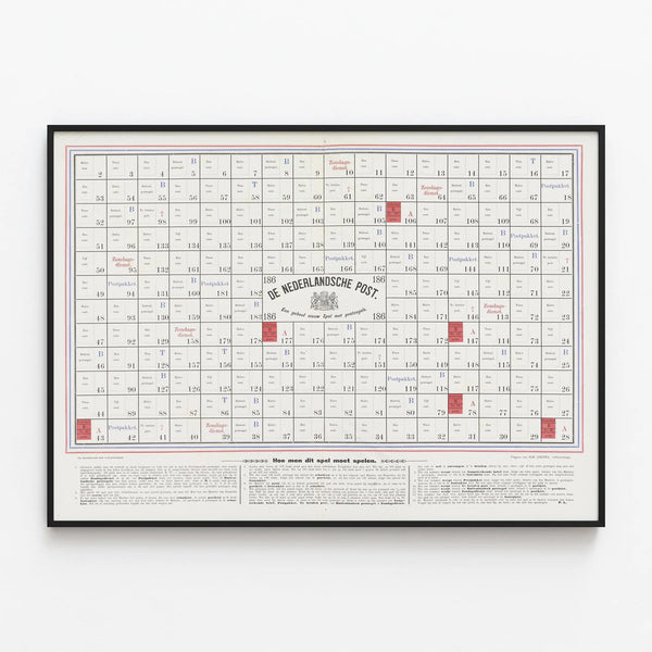 Vintage poster of De Nederlandsche Post - Philatelic board game — framed artwork on a wall