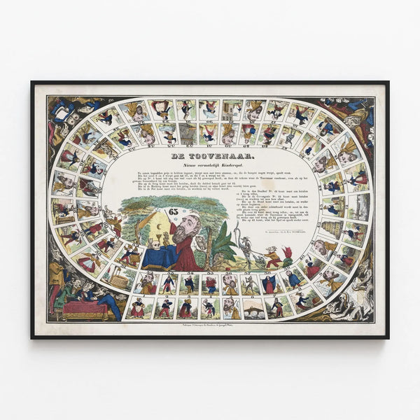 Vintage poster of De Toovenaar board game for wall decoration — framed artwork on a wall