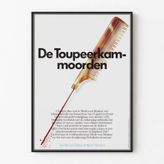 Vintage advertising poster De Toupeerkammoorden with bloody comb