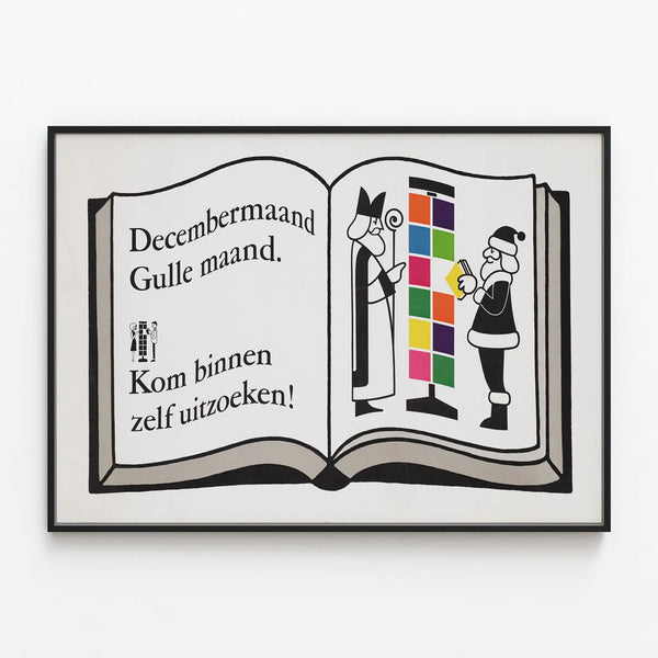 Vintage decorative poster 'Decembermaand Gulle Maand' open book style — framed artwork on a wall