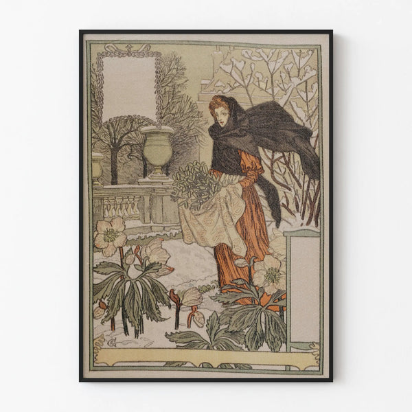 Winter Decorative Poster with Woman in Coat in a Snowy Garden