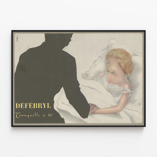 Vintage poster Défébril Tranquille for wall decoration — framed artwork on a wall