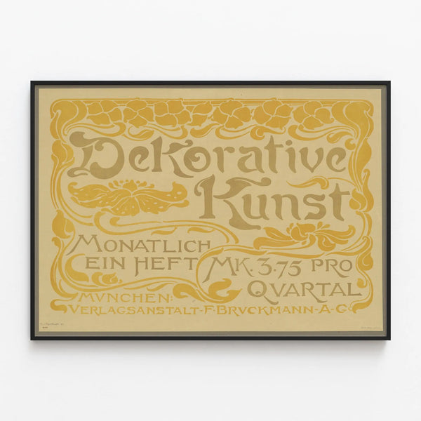 Vintage decorative poster with yellow and gold accents — framed artwork on a wall