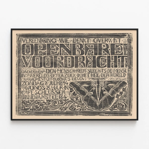 Vintage linocut poster with butterfly and Dutch text — framed artwork on a wall