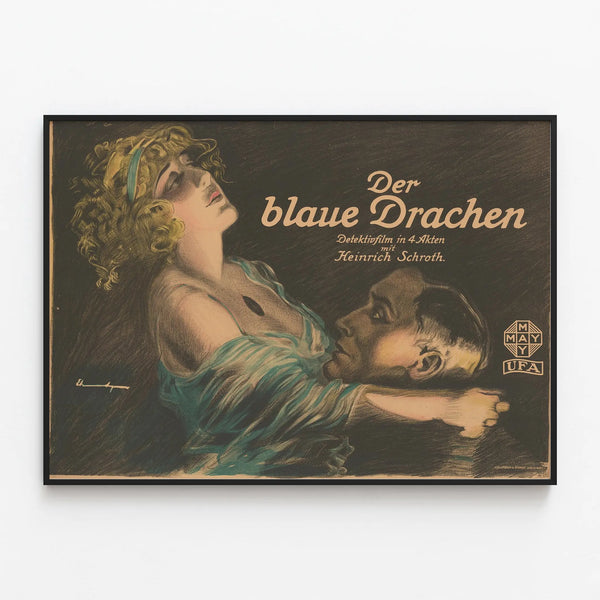 Vintage poster Der blaue Drachen for wall decoration — framed artwork on a wall