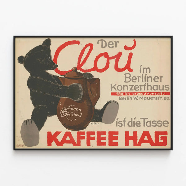 Vintage bear and coffee poster Kaffee Hag — framed artwork on a wall