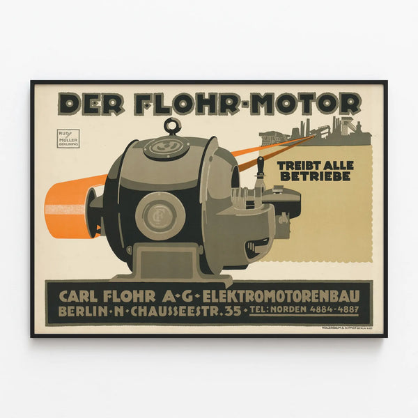 Vintage Advertising Poster for Flohr Berlin Engine — framed artwork on a wall