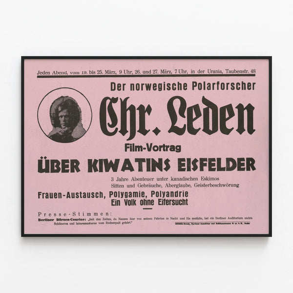 Vintage poster of the film-conference by polar researcher Chr. Leden on the ice fields of Canada — framed artwork on a wall
