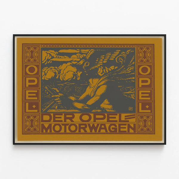 Vintage poster of the Opel Motorwagen for industrial wall decoration — framed artwork on a wall
