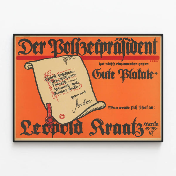 German Vintage Advertising Poster – Der Polizeipräsident and Leopold Kraatz — framed artwork on a wall