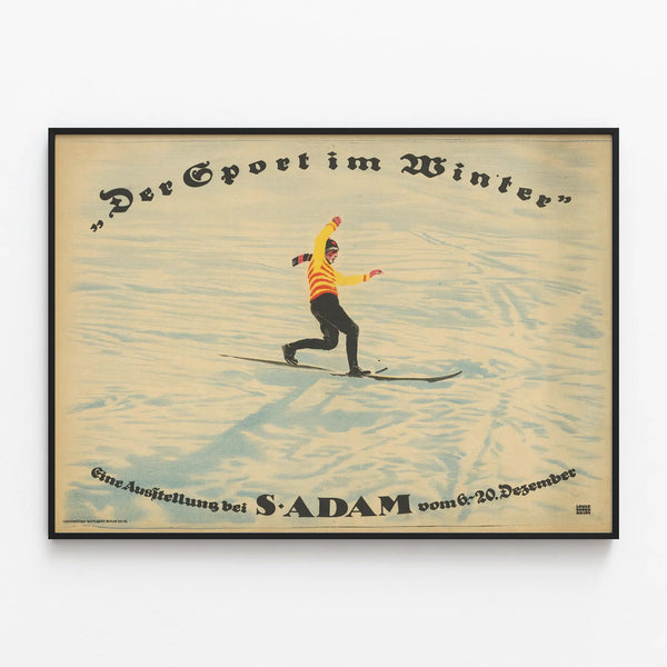 Vintage ski poster "Der Sport im Winter" by Louis Oppenheim — framed artwork on a wall