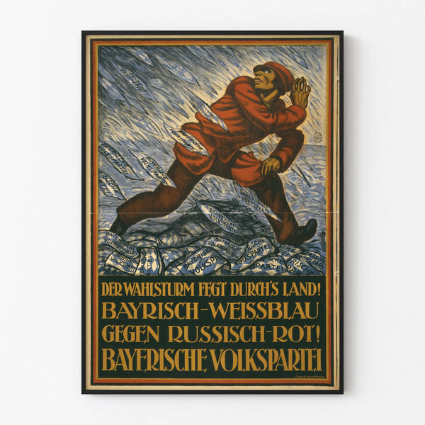 Vintage German wall decoration poster in red and blue