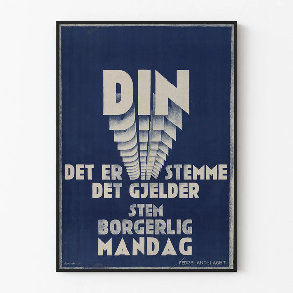 Vintage Norwegian Typography Poster in Blue and White