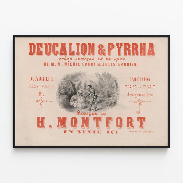 Vintage Poster of the Opéra Comique Deucalion & Pyrrha by H. Montfort — framed artwork on a wall