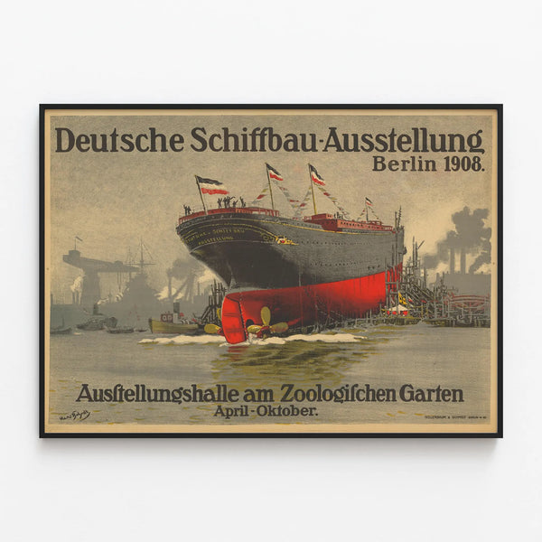 Vintage Poster of the German Shipbuilding Exhibition Berlin 1908 — framed artwork on a wall