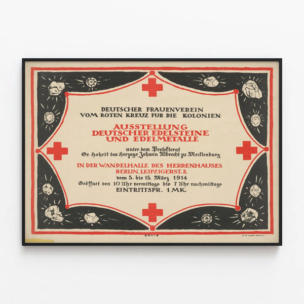 Vintage poster of German precious stones and precious metals exhibition — framed artwork on a wall