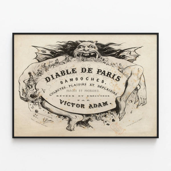 Vintage poster of the Devil of Paris – Pranks and Pleasures by Victor Adam — framed artwork on a wall