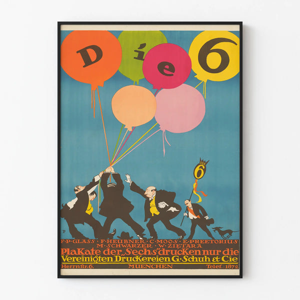 Vintage Poster Die 6 with Colorful Balloons and Antique Characters