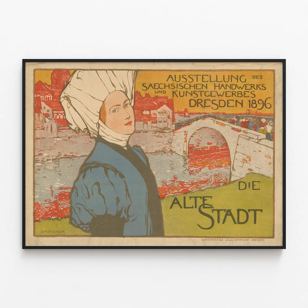 Vintage poster Die Alte Stadt - Exhibition of crafts and decorative arts Dresden 1896 — framed artwork on a wall