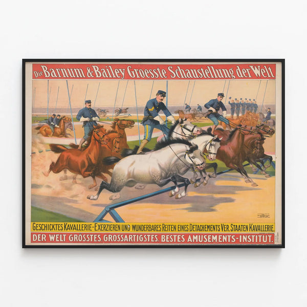 Vintage Barnum & Bailey Poster - Cavalry in Action — framed artwork on a wall