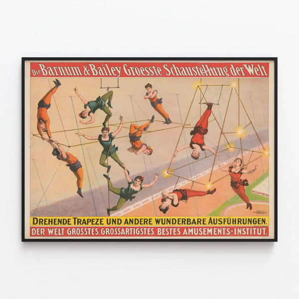 Vintage Barnum & Bailey trapeze show poster — framed artwork on a wall