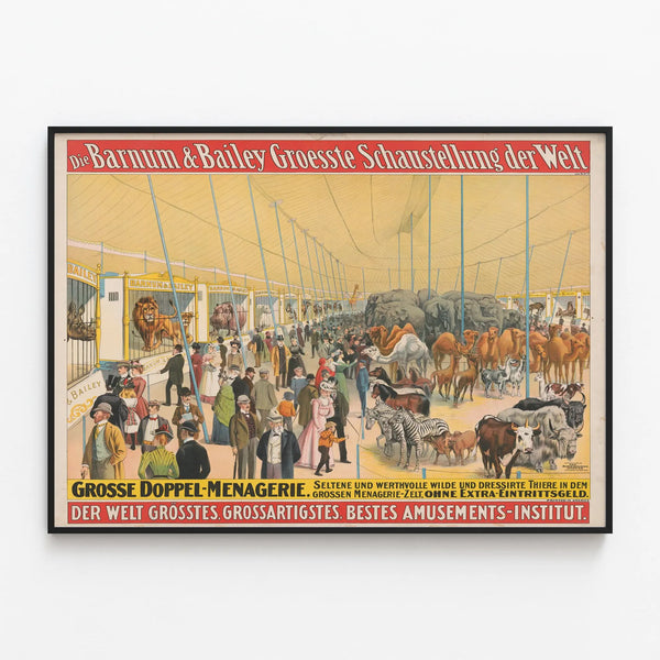 Vintage poster Barnum & Bailey Grand Menagerie Exotic Animals — framed artwork on a wall