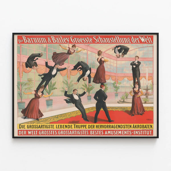 Vintage Barnum & Bailey Circus Poster of Acrobats — framed artwork on a wall