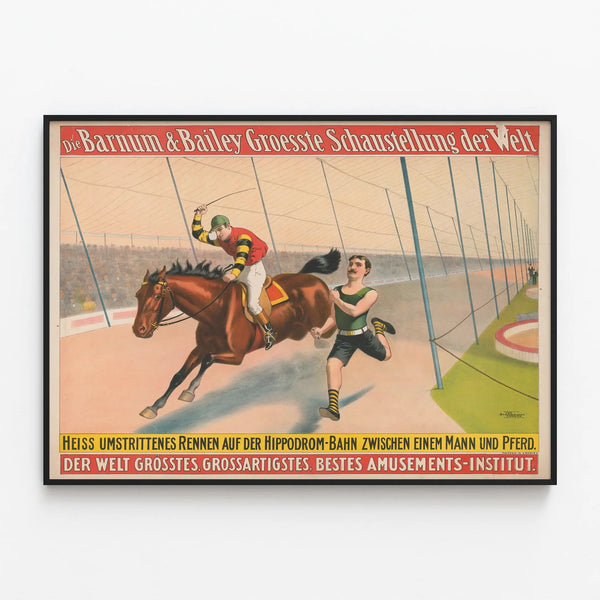 Vintage Poster of the Controversial Race Man vs Horse Barnum & Bailey — framed artwork on a wall