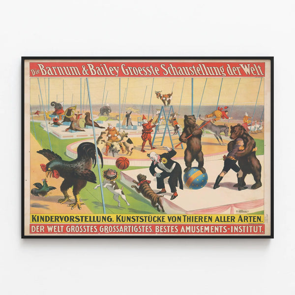 Vintage Circus Poster Barnum & Bailey with Animals and Clowns — framed artwork on a wall