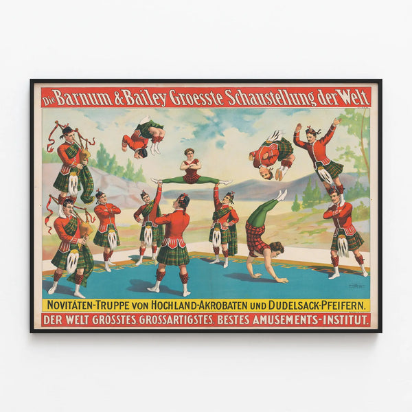 Vintage Barnum & Bailey Poster - Acrobat Troupe in Kilts — framed artwork on a wall