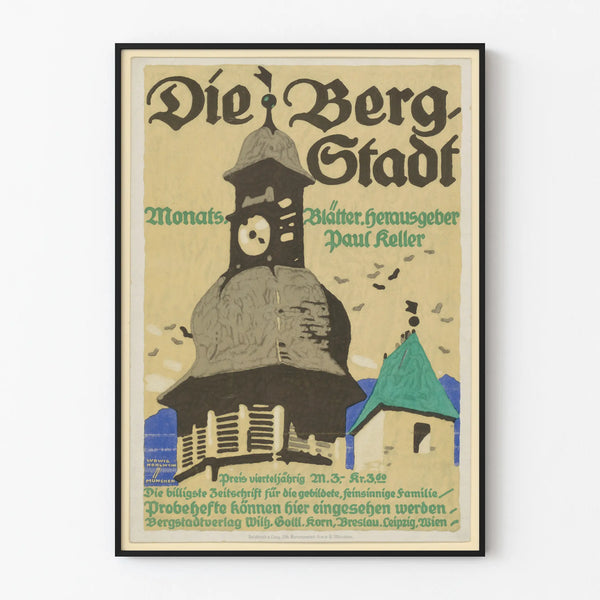 Vintage Poster Die Bergstadt with Clock Tower and Colorful Roof