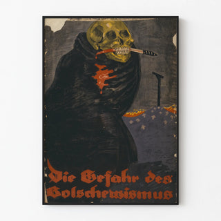 Vintage dark propaganda poster with skull and bloody sickle