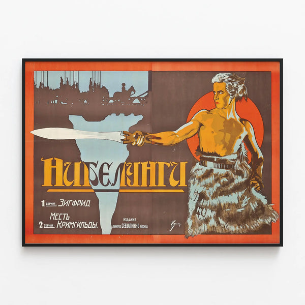 Vintage Poster of Die Nibelungen with Warrior and Sword — framed artwork on a wall
