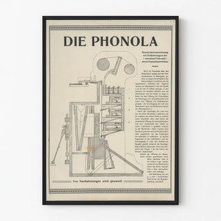 Vintage technical poster Die Phonola - Illustrated black and white mechanical diagram