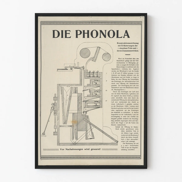 Vintage technical poster Die Phonola - Illustrated black and white mechanical diagram