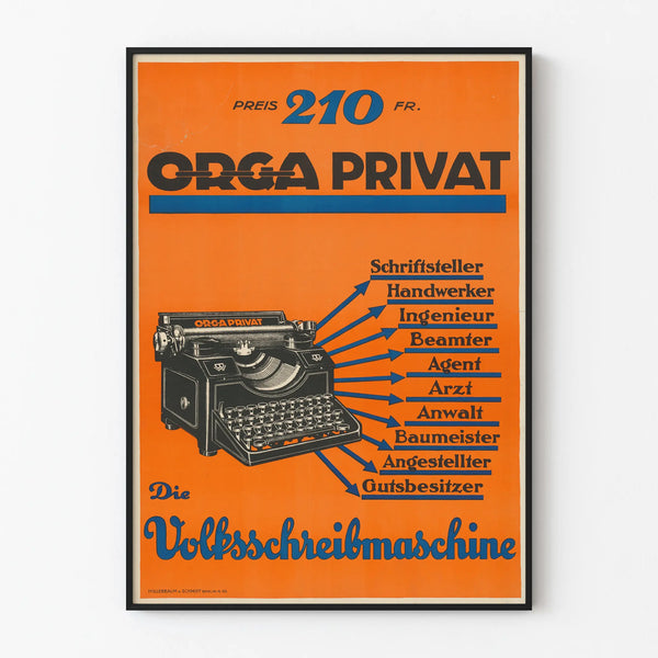 Vintage poster of an Orga Privat typewriter wall decoration