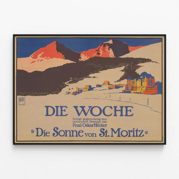 Vintage poster Die Sonne von St. Moritz – Retro mountain wall decoration — framed artwork on a wall