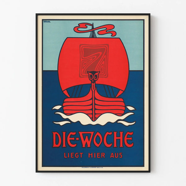 Vintage poster Die Woche with red boat on blue background