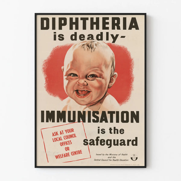 Vintage poster raising awareness about diphtheria vaccination