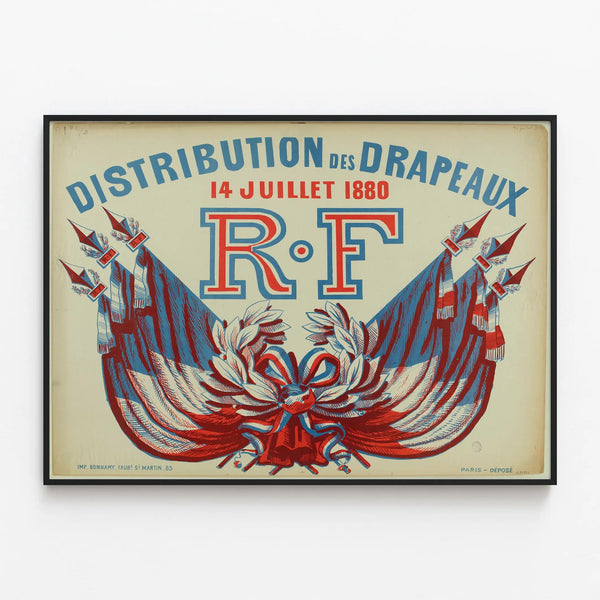 Vintage Poster of Flag Distribution on July 14, 1880 - Patriotic Wall Decoration — framed artwork on a wall