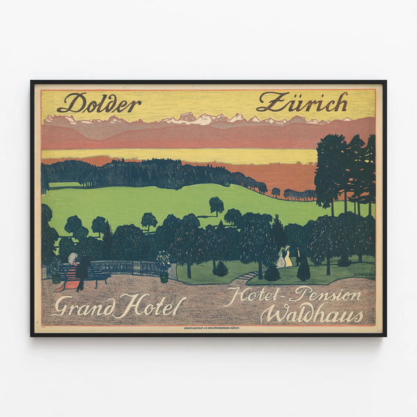 Vintage poster of Dolder Grand Hotel Zurich for wall decoration — framed artwork on a wall