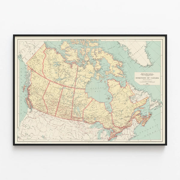 Poster Historical Map of the Dominion of Canada 1937 — framed artwork on a wall