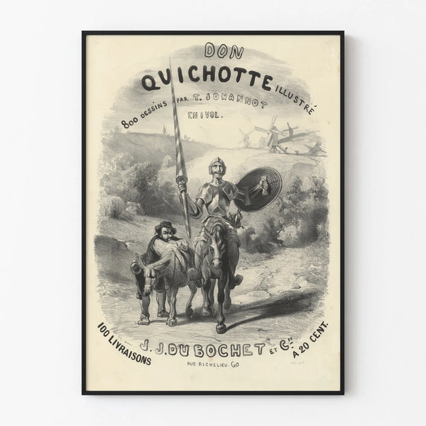 Vintage black and white drawing of the illustrated Don Quixote poster by T. Johannot