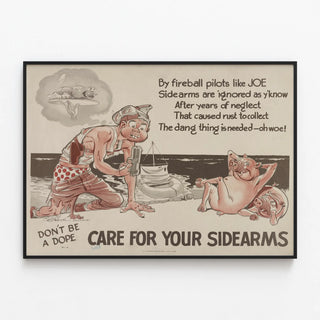 Retro Military Safety Poster: Take Care of Your Side Pistols — framed artwork on a wall
