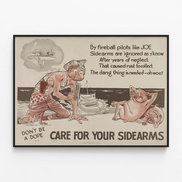 Retro Military Safety Poster: Take Care of Your Side Pistols — framed artwork on a wall