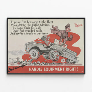 Vintage Safety Poster Military Equipment Joe Dope — framed artwork on a wall