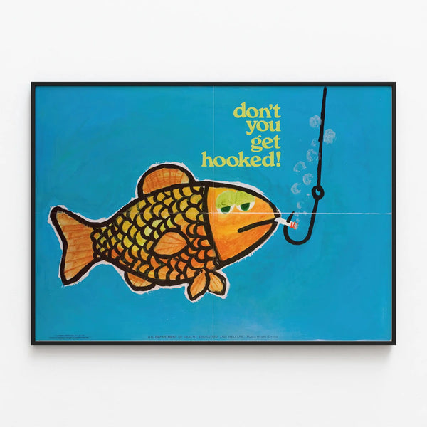 Decorative Poster of Colorful Fish with Hook and Message — framed artwork on a wall